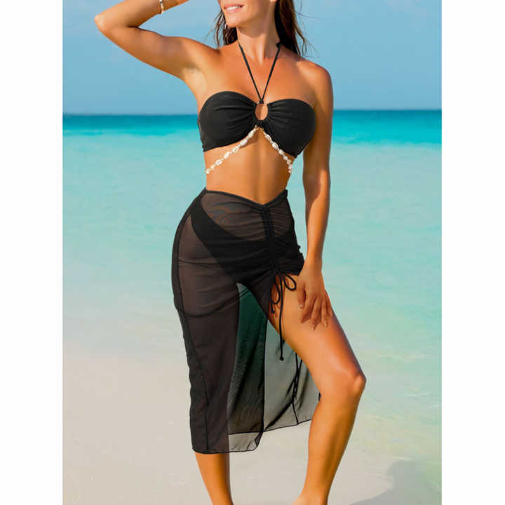 Over-the-Shoulder Bikini and Sheer Cover with Seashell Accents