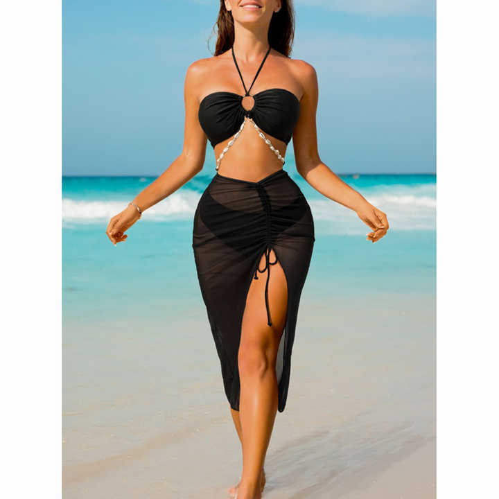 Over-the-Shoulder Bikini and Sheer Cover with Seashell Accents